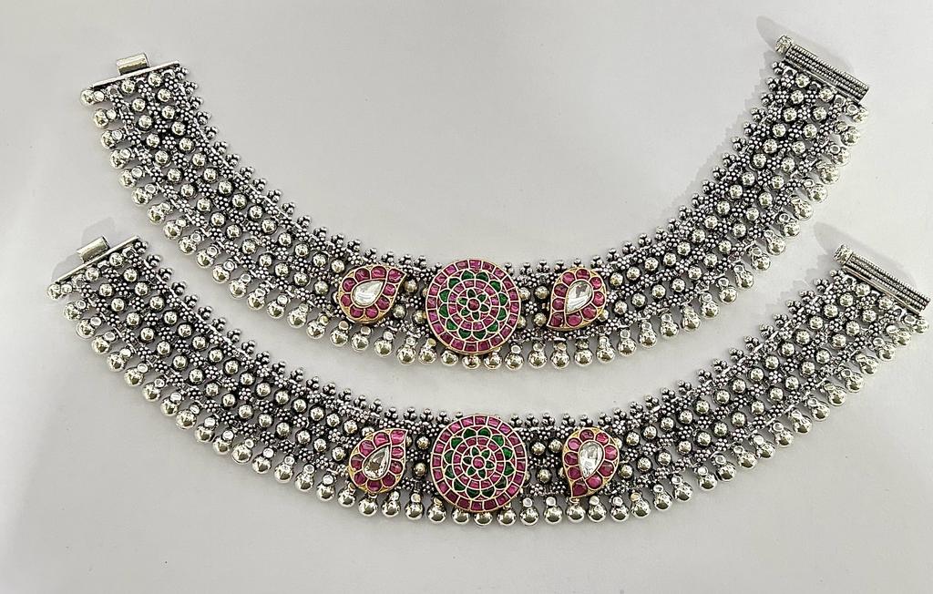 jadau stone silver payal